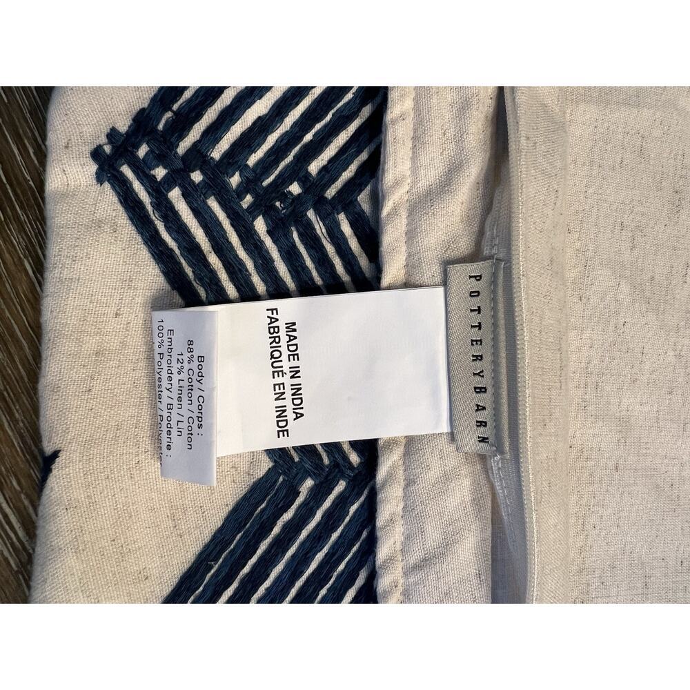 NWT POTTERY BARN Embroidered Linen Cotton Pillow Cover Beige Blue 18x18 - Picture 5 of 7
